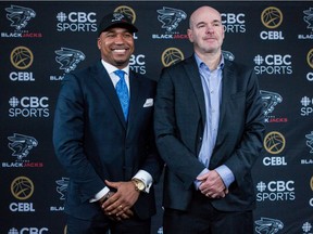 Osvaldo Jeanty has been hired as the first coach of the Ottawa BlackJacks basketball team. Jeanty (L) and team general manager Dave Smart pose for photos following the announcement. January 24, 2020.