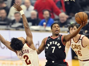 Toronto Raptors guard Kyle Lowry drives against Cleveland Cavaliers guard Collin Sexton in the first quarter at Rocket Mortgage FieldHouse.