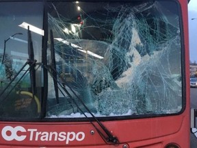 Ice that flew off a car on Highway 417 smashed the windshield of this bus, Wednesday afternoon. The driver suffered minor injuries.