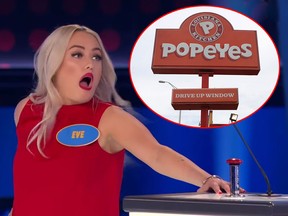 Family Feud contestant Eve Dubois has been offered $10,000 worth of chicken by Popeyes. (YouTube/Getty Images)