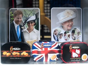 Merchandise featuring Prince Harry, Duke of Sussex and Meghan, Duchess of Sussex and the Royal Family is seen on sale on Jan. 14, 2020 in London. (Peter Summers/Getty Images)