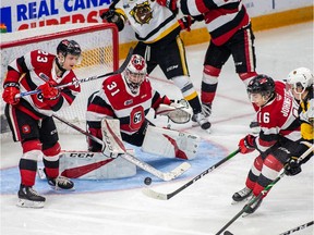 Ottawa 67's netminder Will Cranley (31) watches as teammate Thomas Johnston (16) clears the puck out of harm's way during during an Ontario Hockey League game at the arena at TD Place on Saturday, Jan. 18, 2020. Cranley stopped all 27 shots he faced to record a shutout as the 67's won the game 5-0. Photo by Valerie Wutti, Ottawa 67's.