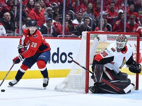 Ottawa Senators goaltender Marcus Hogberg keeps a close eye on Brendan Leipsic on Tuesday night in Washington.