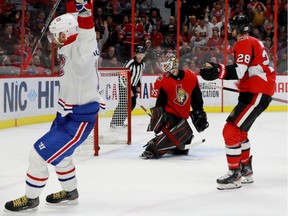 Montreal's Ilya Kovalchuk (17) celebrates his overtime winner against Ottawa Senators goalie Marcus Hogberg on Saturday, Jan. 11, 2020 at the Canadian Tire Centre.