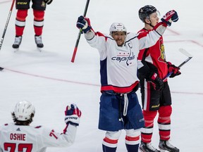 Capitals' Alex Ovechkin scored two goals in his team's 5-3 win over the Senators in Ottawa on Friday night, giving him 695 goals in his illustrious career, moving him past Mark Messier into sole possession of eighth spot on the NHL's all-time goal scoring list. (ERROL MCGIHON/OTTAWA SUN)