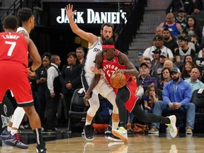 Raptors forward Pascal Siakam moves in against Spurs guard Marco Belinelli during first half NBA action at the AT&T Center in San Antonio, on Jan. 26, 2020.