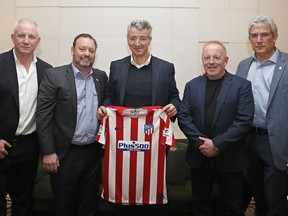 From left, Canada Soccer Business CEO Scott Mitchell, Canadian Premier League commissioner David Clanachan, Club Atlético de Madrid CEO Miguel Ángel Gil Marín, Ottawa strategic partner Jeff Hunt and CFO of CSB Doug Rye.