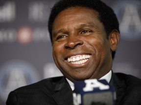 Michael (Pinball) Clemons speaks as he is announced as the new general manager of the Argonauts during an October news conference at BMO Field. (THE CANADIAN PRESS)