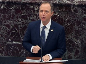 Lead House impeachment manager and House Intelligence Committee Chairman Adam Schiff (D-CA) delivers an opening argument in the U.S. Senate impeachment trial of U.S. President Donald Trump in this frame grab from video shot in the U.S. Senate Chamber at the U.S. Capitol in Washington, D.C., Jan. 22, 2020.