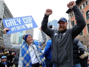 Winnipeg Blue Bombers head coach Mike O'Shea celebrates during the Grey Cup parade on Tues., Nov. 26, 2019.