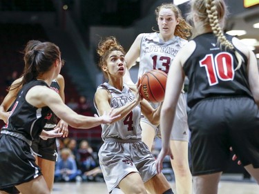 Brooklynn McAlear-Fanus of the Gee-Gee's looks to take a shot in the women's Capital Hoops Classic basketball game between the University of Ottawa and Carleton University.