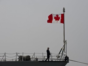 A Canadian soldier stands on board of the HMCS Fredericton ship docked at Constanta harbor in Constanta, Romania, on March 13, 2015. (AFP via Getty Images)