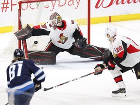 Winnipeg Jets winger Kyle Connor shoots the puck against Ottawa Senators goaltender Marcus Hogberg during Saturday's game. (USA TODAY SPORTS)