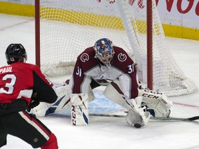 Colorado Avalanche goalie Philipp Grubauer makes a save on a shot from Ottawa Senators winger Nick Paul during their game last week.
