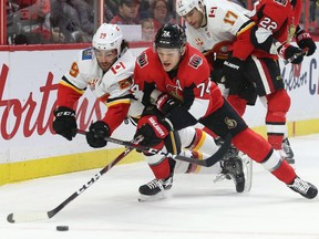 Mark Borowiecki (R) of the Ottawa Senators battles against Dillon Dube of the Calgary Flames during second period of NHL action at Canadian Tire Centre, January 18, 2020.