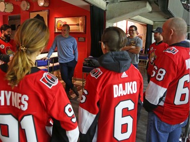 Mark Borowiecki talks to participants of the Soldier On event at the Canadian Tire Centre in Ottawa, February 03, 2020.  In partnership with the Canadian Forces' Soldier On Program, the Senators Alumni will host a two-day camp at Canadian Tire Centre in support of ill and injured veterans beginning Monday morning. On Monday, Feb. 3, a group of ill and injured veterans from the Canadian Forces (CF) Soldier On Program will arrive at Canadian Tire Centre for a two-day camp with the Senators Alumni.  Photo by Jean Levac/Postmedia News assignment 133187