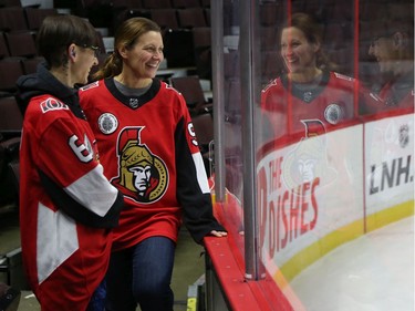 Jessica Dajko  (L) and Debbie Hynes share a laugh during a Soldier On event at the Canadian Tire Centre in Ottawa, February 03, 2020.  In partnership with the Canadian Forces' Soldier On Program, the Senators Alumni will host a two-day camp at Canadian Tire Centre in support of ill and injured veterans beginning Monday morning. On Monday, Feb. 3, a group of ill and injured veterans from the Canadian Forces (CF) Soldier On Program will arrive at Canadian Tire Centre for a two-day camp with the Senators Alumni.  Photo by Jean Levac/Postmedia News assignment 133187