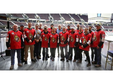Mark Borowiecki spent time with Soldier On participants at the Canadian Tire Centre in Ottawa, February 03, 2020.  In partnership with the Canadian Forces' Soldier On Program, the Senators Alumni will host a two-day camp at Canadian Tire Centre in support of ill and injured veterans beginning Monday morning. On Monday, Feb. 3, a group of ill and injured veterans from the Canadian Forces (CF) Soldier On Program will arrive at Canadian Tire Centre for a two-day camp with the Senators Alumni.  Photo by Jean Levac/Postmedia News assignment 133187