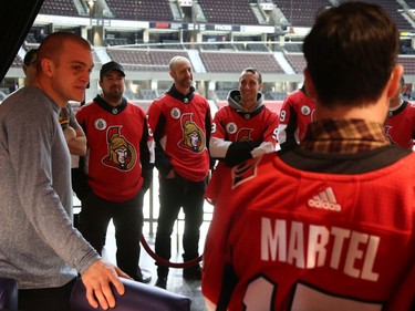 Mark Borowiecki talks to participants of the Soldier On event at the Canadian Tire Centre in Ottawa, February 03, 2020.  In partnership with the Canadian Forces' Soldier On Program, the Senators Alumni will host a two-day camp at Canadian Tire Centre in support of ill and injured veterans beginning Monday morning. On Monday, Feb. 3, a group of ill and injured veterans from the Canadian Forces (CF) Soldier On Program will arrive at Canadian Tire Centre for a two-day camp with the Senators Alumni.  Photo by Jean Levac/Postmedia News assignment 133187