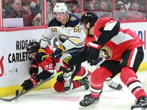 Buffalo's Victor Olofsson (68) breaks through Ottawa's defence behind their net during second period action as the Ottawa Senators' met the Buffalo Sabres Tuesday night.