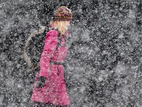 A pedestrian walks in the snow.