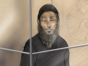 Sketch shows Raed Jaser appearing in court in Toronto on April 23, 2013.