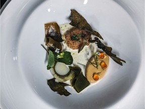 Chef Roger Ma of Boulevard in Vancouver served BC coastal terroir honey mussel 'gratinée', foraged bull kelp, sea urchin custard, yukon gold potato and scallion terrine, shellfish emulsion #CCC2020 #GreatKitchenParty For Peter Hum's story on the 2020 Canadian Culinary Championships, for 0130 culinary