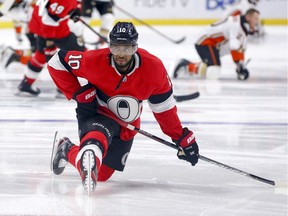 Anthony Duclair warms up as the Ottawa Senators take on the Anaheim Ducks in NHL action at the Canadian Tire Centre in Ottawa.