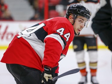 Jean-Gabriel Pageau looks at the linesman in the second period as the Ottawa Senators take on the Anaheim Ducks in NHL action at the Canadian Tire Centre in Ottawa.