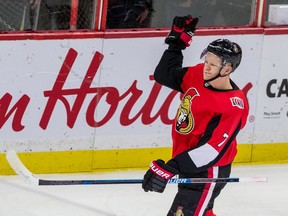 Ottawa Senator Brady Tkachuk celebrates his first period goal against the Arizona Coyotes during NHL action at the Canadian Tire Centre. February 13, 2020.