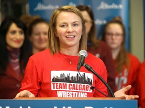 Alberta's first Ambassador for Sport and Active Living, Olympian Erica Wiebe, speaks during a media conference Saturday at Airdrie, Alta.