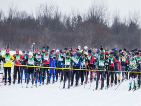 Competitors at the start line of the 27 km Classic event at the Gatineau Loppet. February 15, 2020.