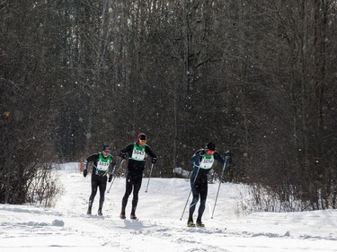 Jimmy Pellerin (#3039), Philippe Quessy (#3043), and Stephen Flower (#3056) exit the wooded area of the 27 km Classic event at the Gatineau Loppet. February 15, 2020. Errol McGihon/Postmedia