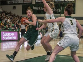 Saskatchewan forward Summer Masikewich drives to the basket against Alberta in the Canada West conference final on Feb. 28.