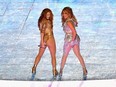 US singer Jennifer Lopez (R) and Colombian singer Shakira (L) perform during the halftime show of Super Bowl LIV between the Kansas City Chiefs and the San Francisco 49ers at Hard Rock Stadium in Miami Gardens, Florida, on February 2, 2020.