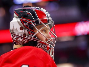 Senators goalie Craig Anderson warms up  prior to Tuesday's game against the Anaheim Ducks at the Canadian Tire Centre in Ottawa.  (Wayne Cuddington/Postmedia Network)