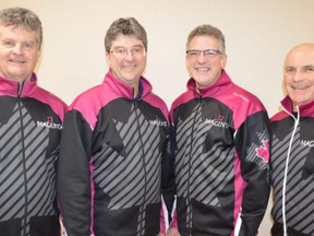 Skip Bryan Cochrane (left), third Ian MacAulay, second Morgan Currie, all of the Russell Curling Club, and Mark O’Rourke will represent P.E.I. at the Tim Hortons Brier national men’s curling championship, which starts Saturday in Kingston. (SUPPLIED PHOTO)