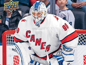 Zamboni driver David Ayres, who made NHL history by helping the Carolina Hurricanes beat the Toronto Maple Leafs as an emergency back-up goalie on Feb. 22, 2020, will soon have his own Upper Deck trading card. (@UpperDeckSports on Twitter)