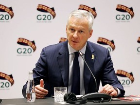 French Finance and Economy Minister Bruno Le Maire speaks during the G20 finance ministers and central bank governors meeting in Riyadh, Saudi Arabia, on Saturday.