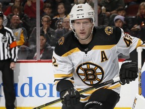 David Backes of the Boston Bruins skates during an NHL hockey game against the New Jersey Devils on Dec. 31, 2019 at the Prudential Center in Newark, N.J. (Paul Bereswill/Getty Images)