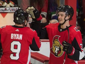 Bobby Ryan is congratulated by centre Josh Norris after scoring his third goal of the night on Thursday, Feb. 27, 2020.