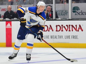 St. Louis Blues defenceman Jay Bouwmeester controls the puck against the Anaheim Ducks at Honda Center. (Gary A. Vasquez-USA TODAY Sports)