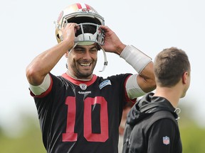 Jimmy Garoppolo of the San Francisco 49ers looks on during practice for Super Bowl LIV at the Greentree Practice Fields on the campus of the University of Miami on January 31, 2020 in Coral Gables, Florida. (Michael Reaves/Getty Images)