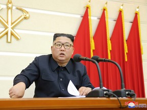 North Korean leader Kim Jong Un takes part in a meeting with the Political Bureau of the Central Committee of the Workers' Party of Korea (WPK) in Pyongyang, North Korea in this image released by North Korea's Korean Central News Agency on Feb. 29, 2020.