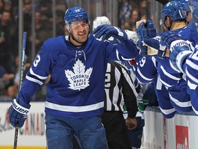 Frederik Gauthier of the Toronto Maple Leafs celebrates a goal against the Vancouver Canucks during an NHL game at Scotiabank Arena on Feb. 29, 2020, in Toronto.
