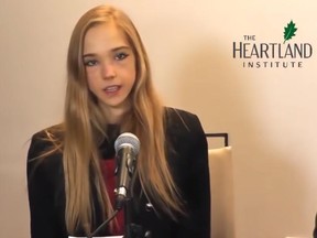 Climate skeptic Naomi Seibt speaks at a U.N. climate conference in Madrid, Spain, last December.