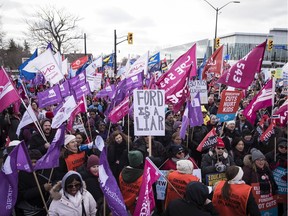 Members of the Ontario Federation of Labour protest outside the Scotiabank Convention Centre during the Ontario Progressive Conservative party 2020 policy convention in Niagara Falls, Ont. on Saturday, February 22, 2020.