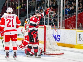 Five-year veteran Austen Keating celebrates his 300th career point with the Ottawa 67’s, which came off a first-period goal against the Soo Greyhounds yesterday at The Arena at TD Place. (Valeri Wutti/Photo)