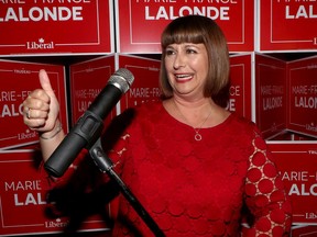 Winning federal Liberal candidate for Orleans Marie-France Lalonde arrives at her celebration party in Ottawa on Monday, Oct. 21, 2019.  Tony Caldwell