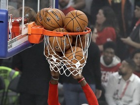 Raptors’ Pascal Siakam has some fun during Saturday’s practice and media day at the NBA all-star game in Chicago. (GETTY IMAGES)